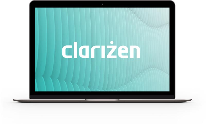 an open laptop with the clarizen logo on the screen